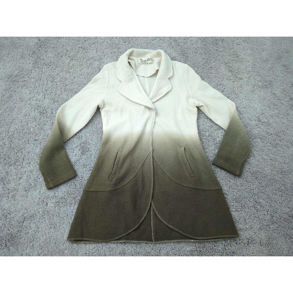 Aventura Cardigan Womens M Cream Green Ombre Curved Hem 100% Boiled Wool